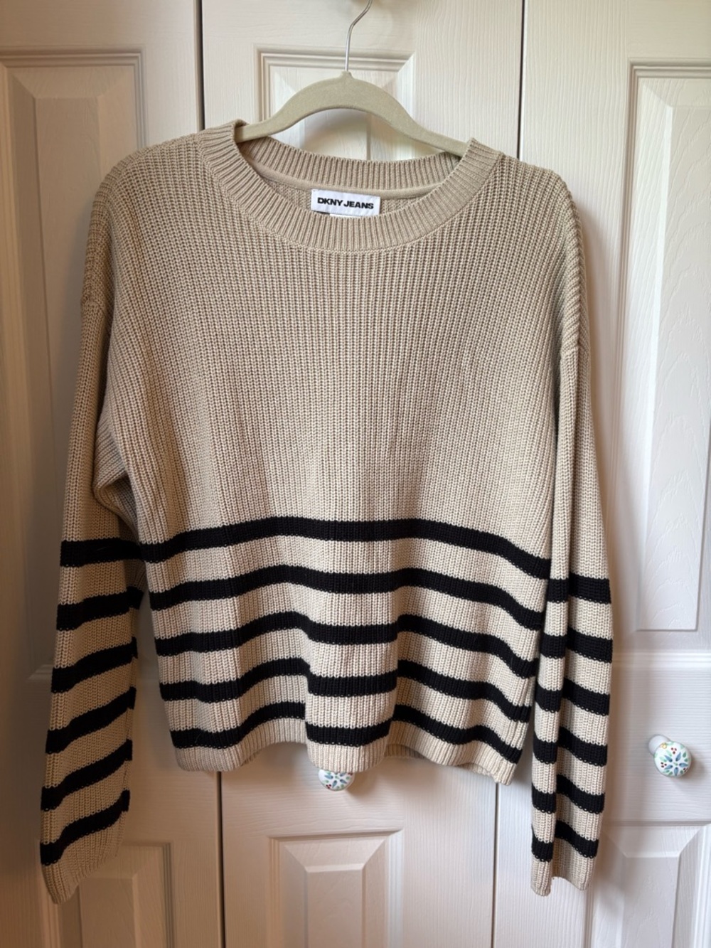 DKNY Jeans Women's Beige Stripe 100% Cotton Sweater